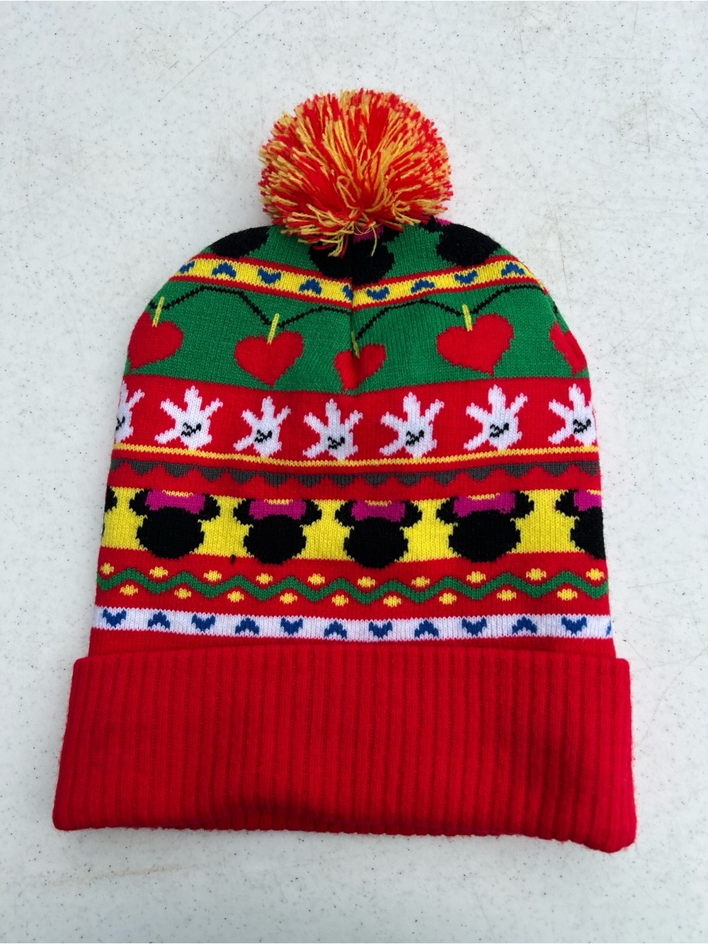 Red Pom Pom Knit Beanie with Colorful Character Pattern